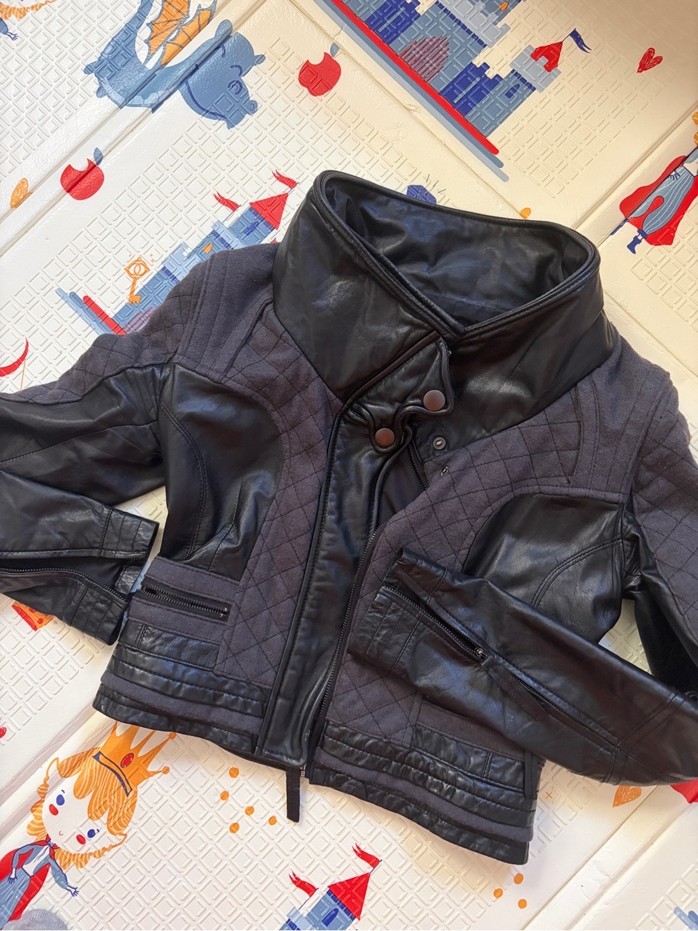 Black Leather Moto Jacket with High Collar